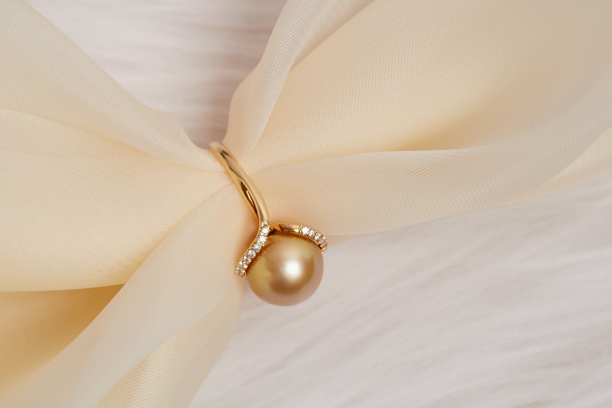 Golden South Sea Pearl & Diamond Bypass Ring in 18K Yellow Gold