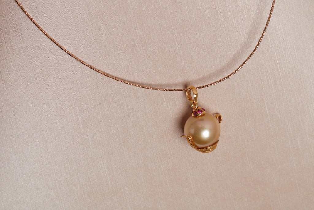 Golden South Sea Pearl & Ruby Teapot Pendant