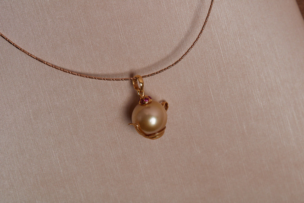 Golden South Sea Pearl & Ruby Teapot Pendant