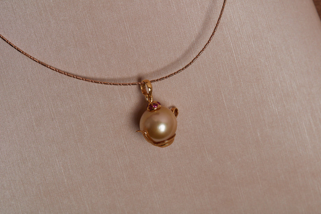 Golden South Sea Pearl & Ruby Teapot Pendant