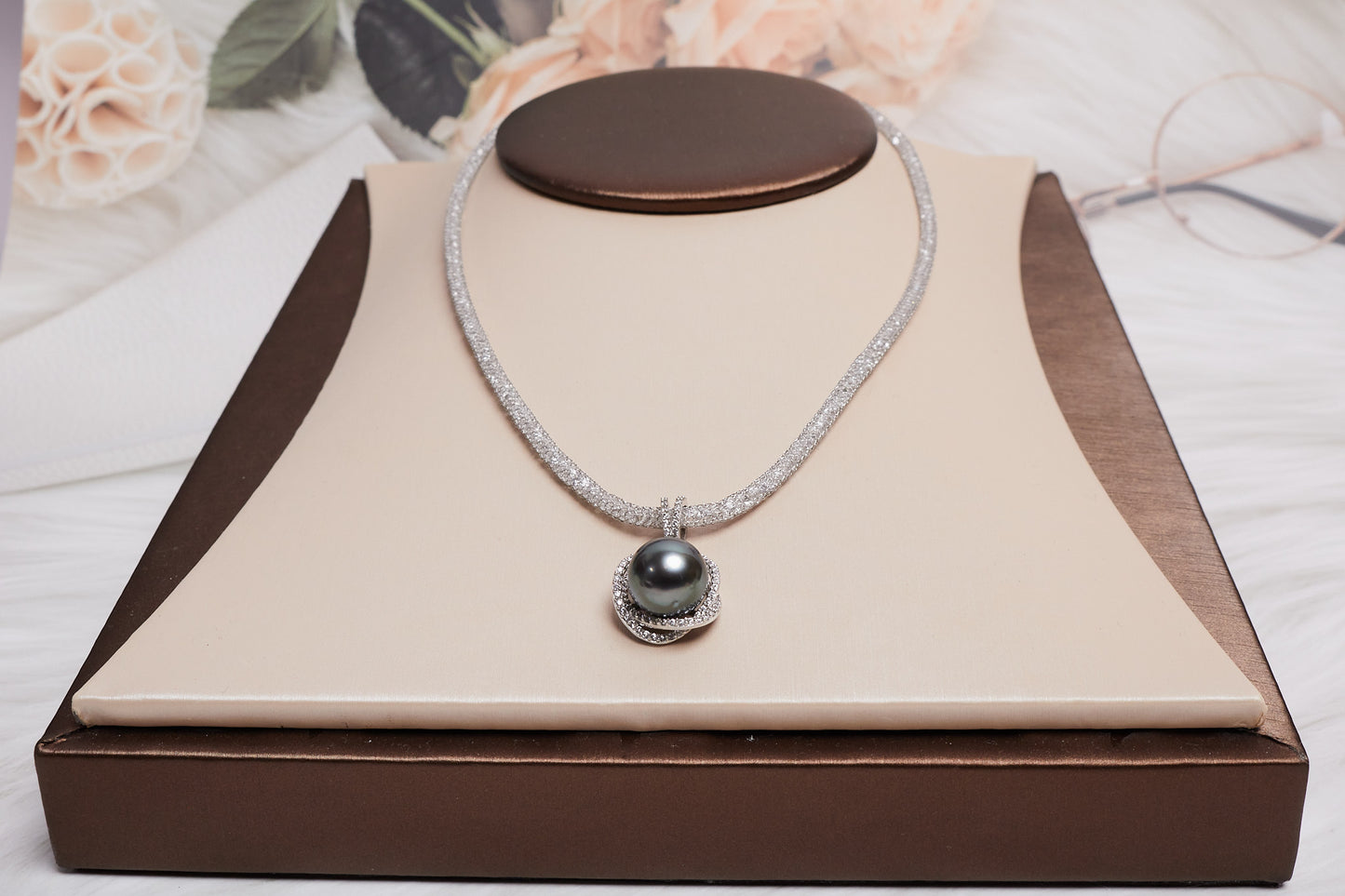 Tahitian Pearl FLOWER PENDANT & Round Created Diamond 925 Solid Sterling Silver Chain