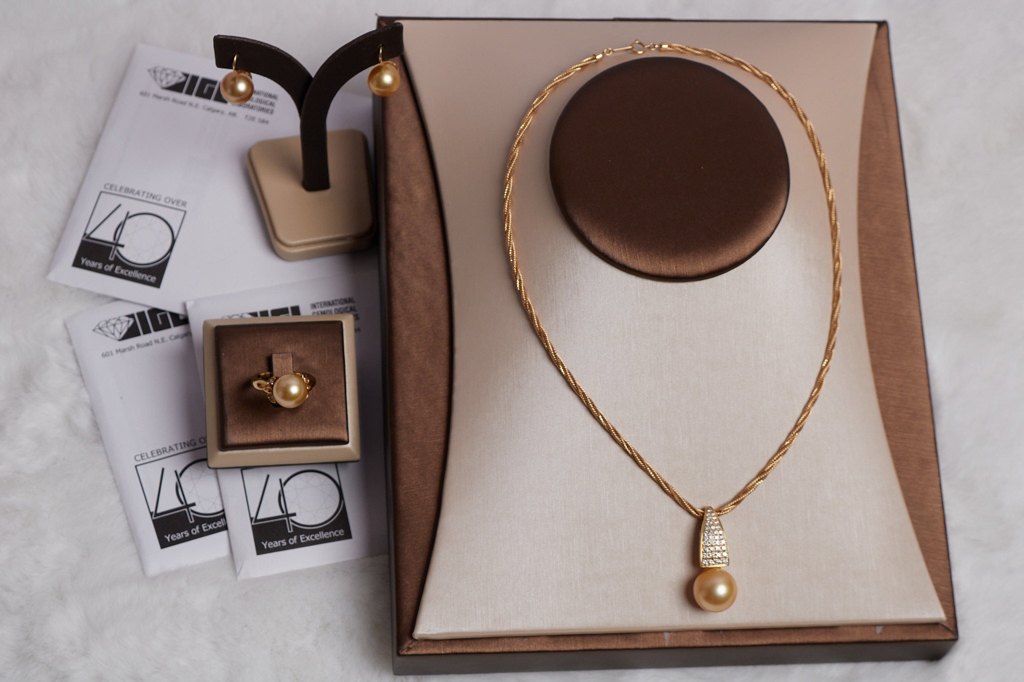 Golden South Sea Pearl & Diamond Bridal Set — Necklace, Earrings & Ring
