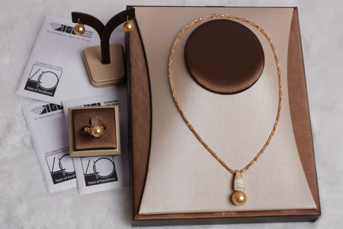 Golden South Sea Pearl & Diamond Bridal Set — Necklace, Earrings & Ring