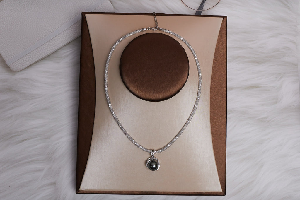 Tahitian Pearl FLOWER PENDANT & Round Created Diamond 925 Solid Sterling Silver Chain