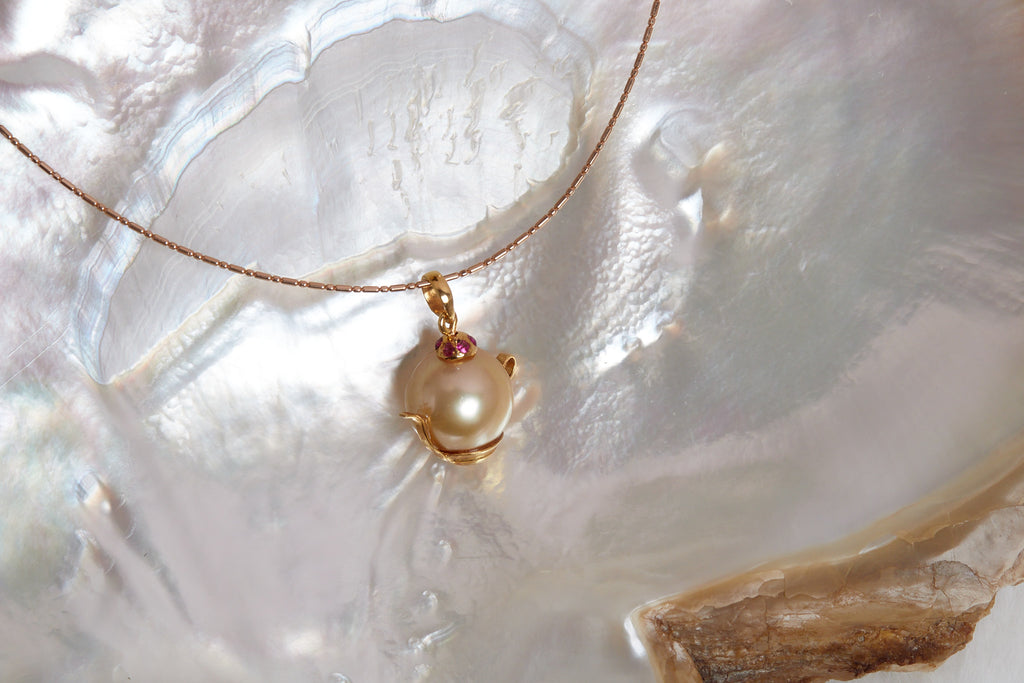 Golden South Sea Pearl & Ruby Teapot Pendant