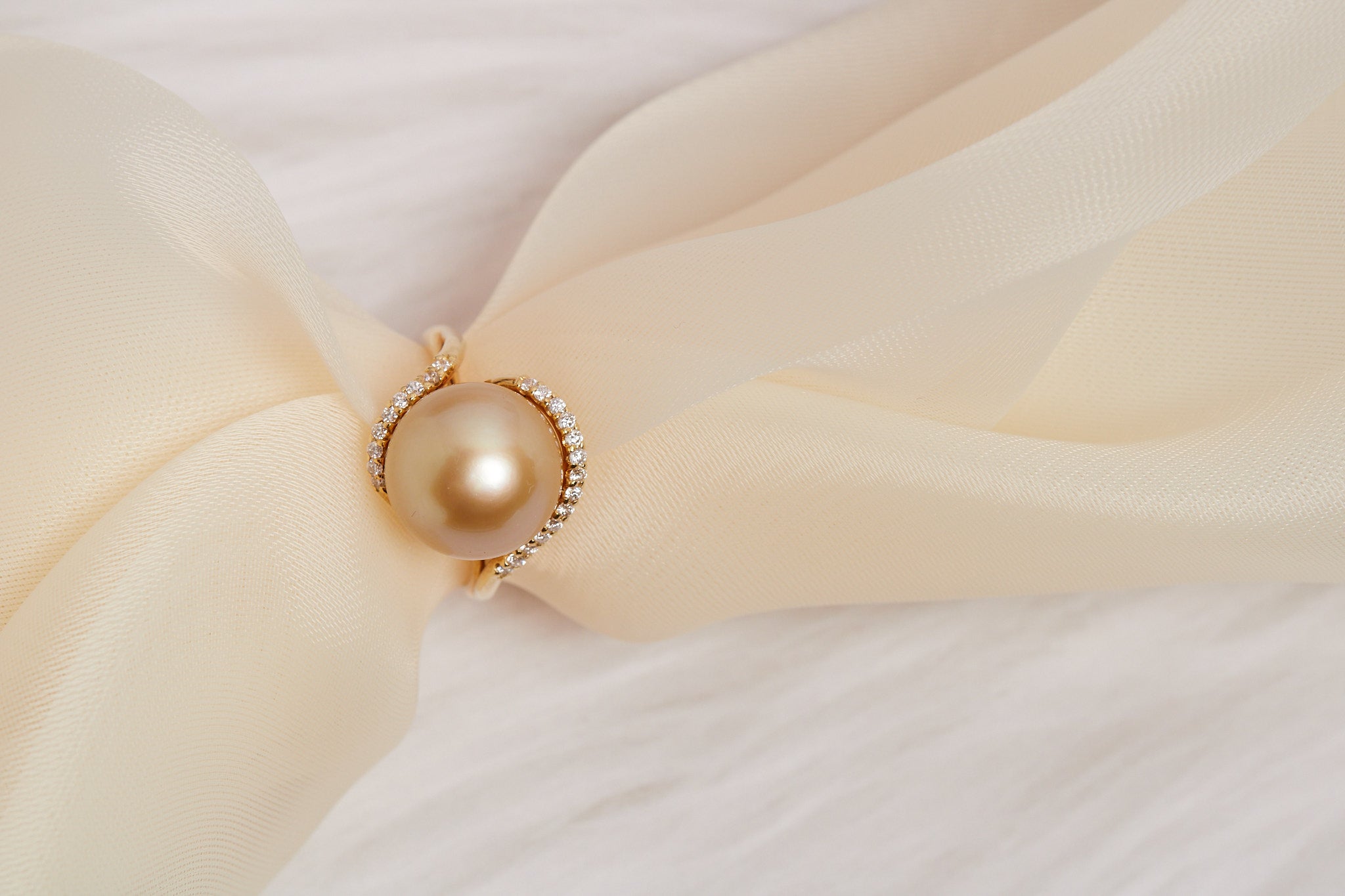 Golden South Sea Pearl & Diamond Bypass Ring in 18K Yellow Gold
