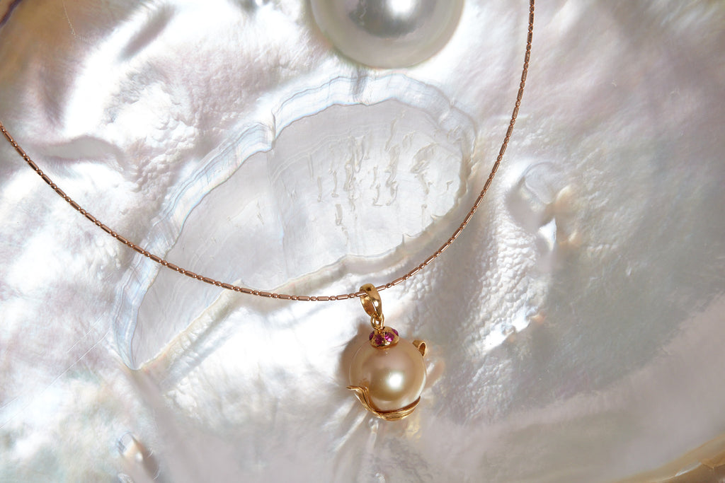 Golden South Sea Pearl & Ruby Teapot Pendant