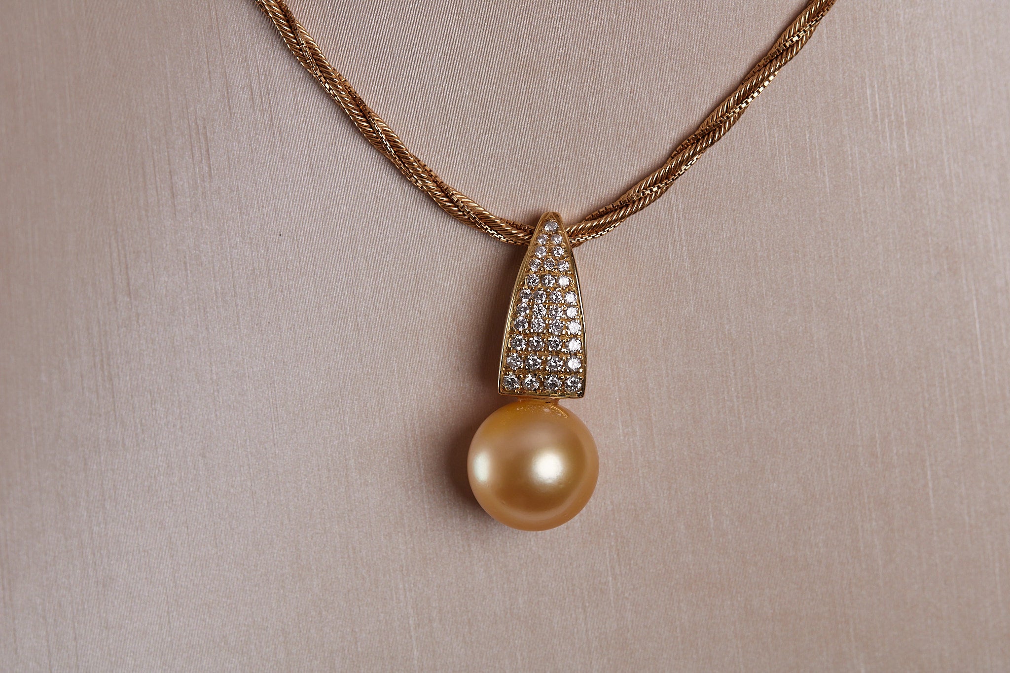 Golden South Sea Pearl & Diamond Necklace in 18K Yellow Gold