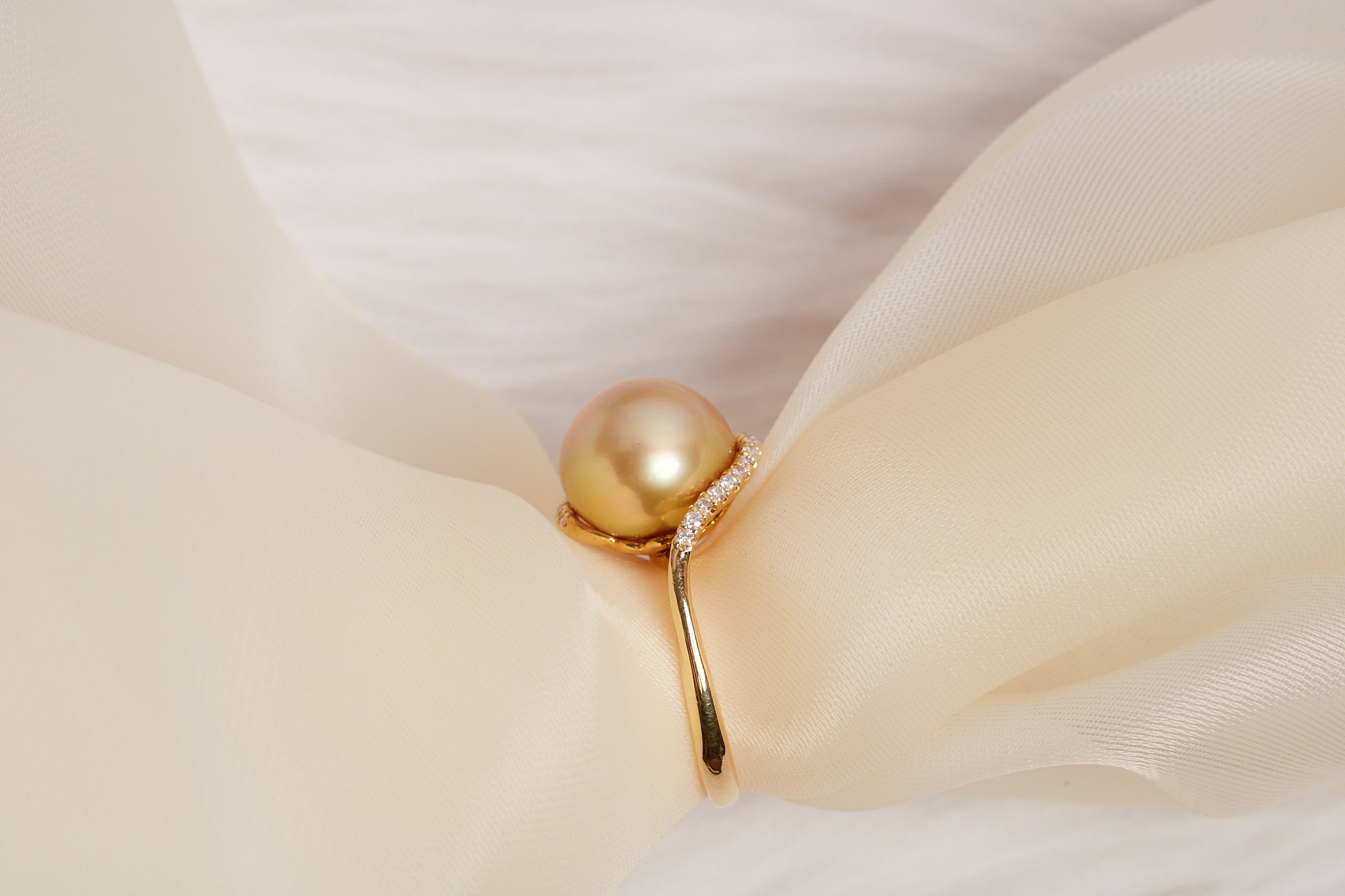 Golden South Sea Pearl & Diamond Bypass Ring in 18K Yellow Gold