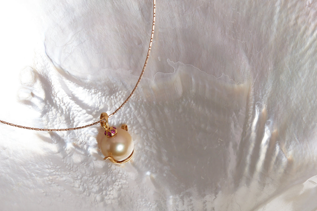 Golden South Sea Pearl & Ruby Teapot Pendant