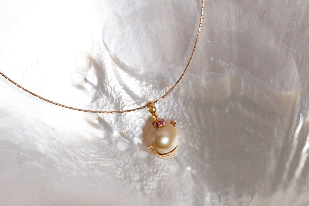 Golden South Sea Pearl & Ruby Teapot Pendant