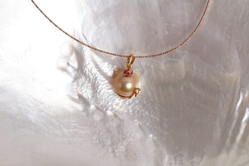 Golden South Sea Pearl & Ruby Teapot Pendant