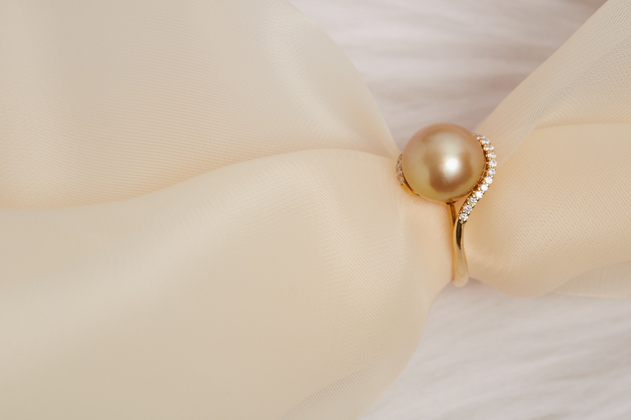 Golden South Sea Pearl & Diamond Bypass Ring in 18K Yellow Gold