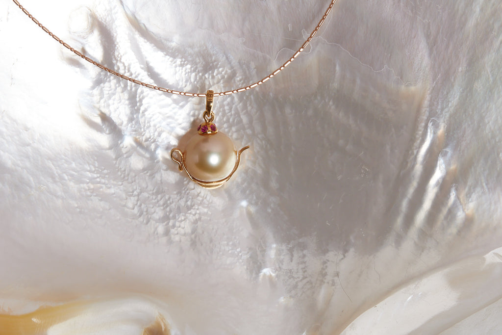 Golden South Sea Pearl & Ruby Teapot Pendant