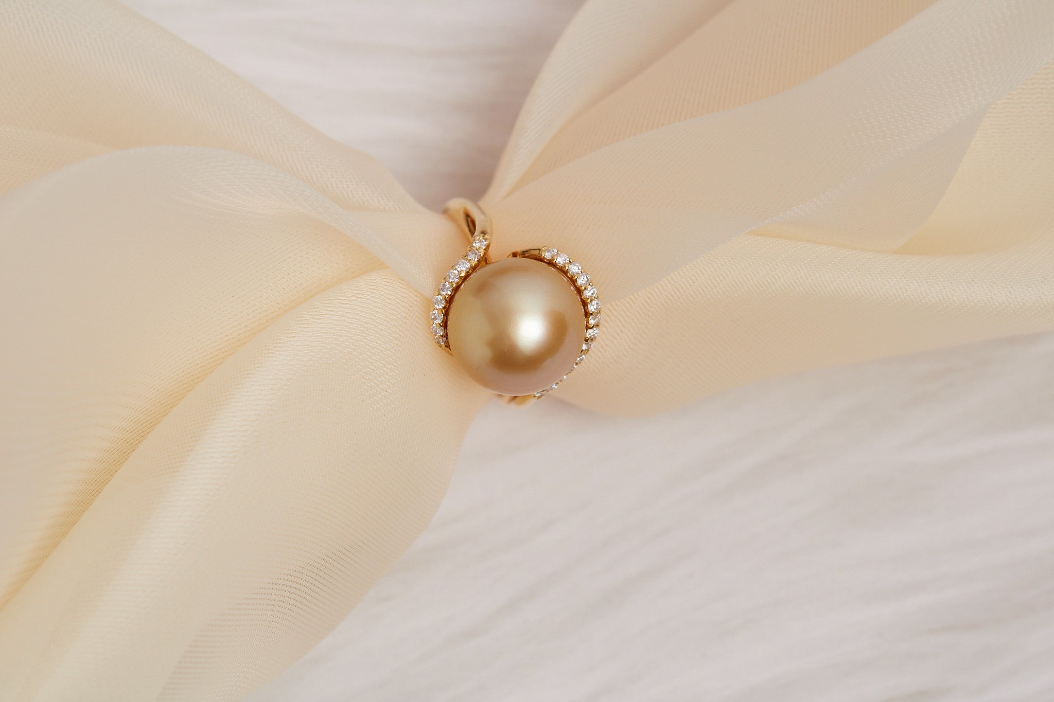Golden South Sea Pearl & Diamond Bypass Ring in 18K Yellow Gold
