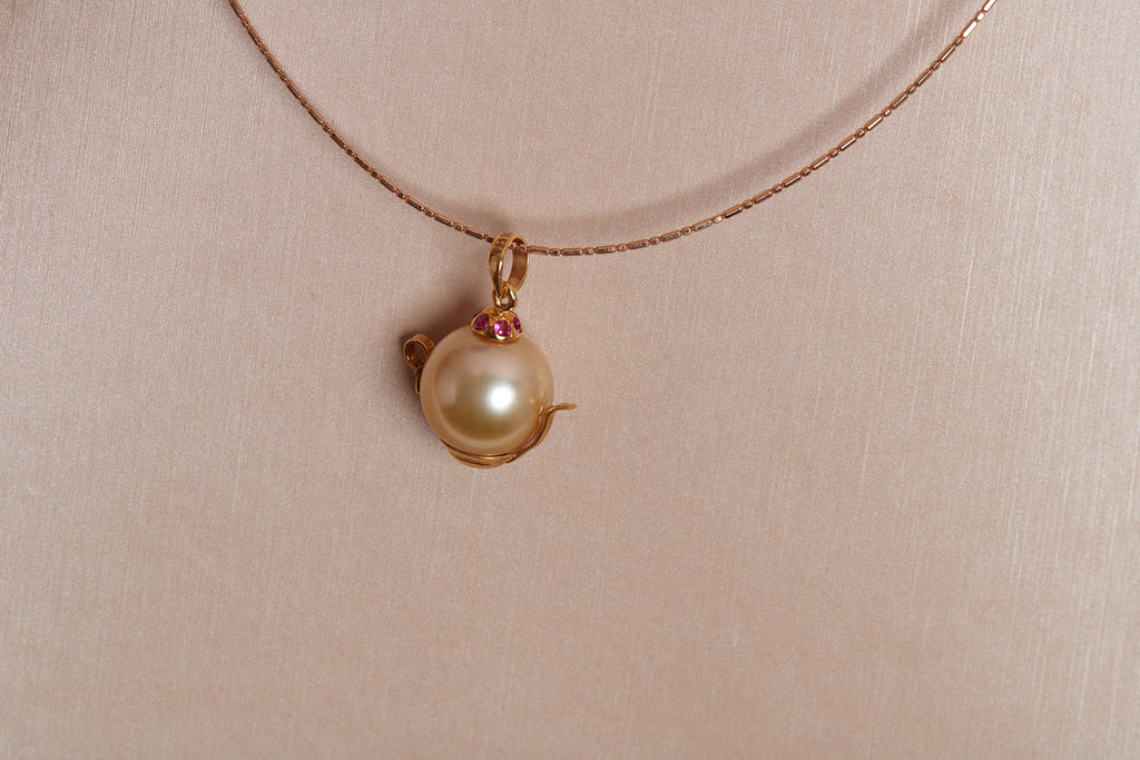 Golden South Sea Pearl & Ruby Teapot Pendant