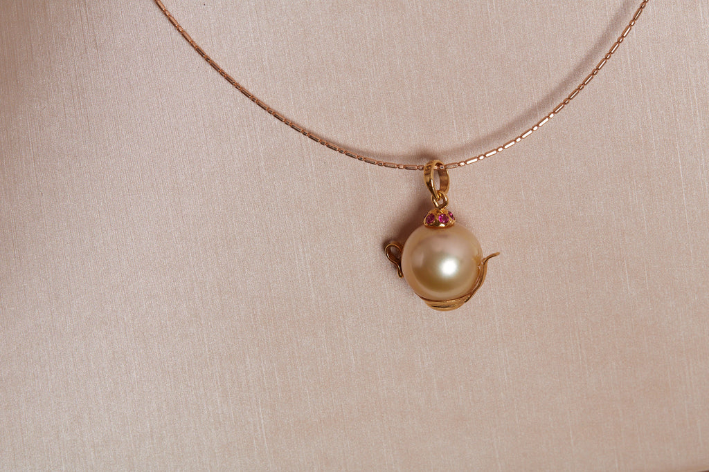 Golden South Sea Pearl & Ruby Teapot Pendant