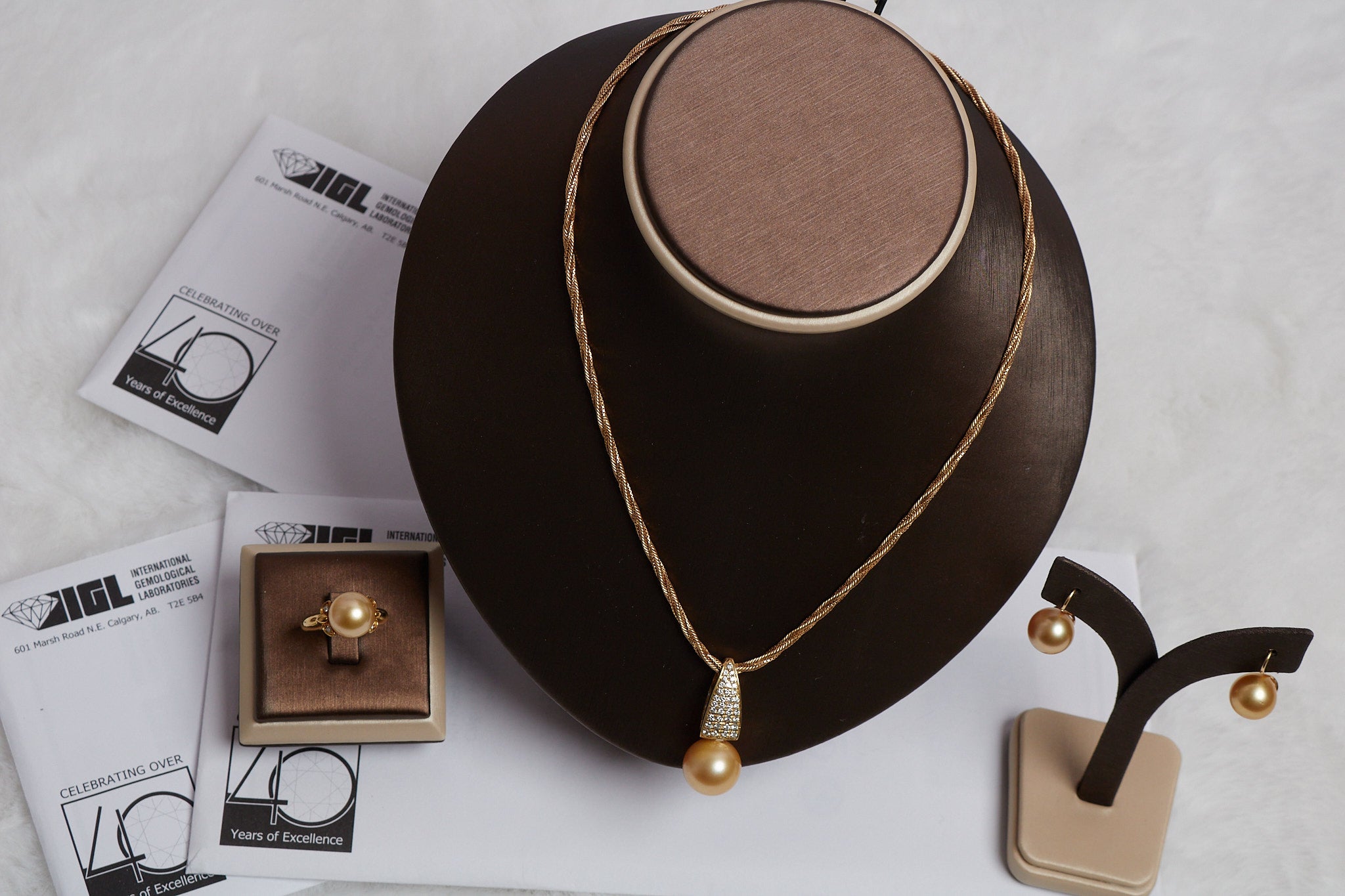 Golden South Sea Pearl & Diamond Bridal Set — Necklace, Earrings & Ring