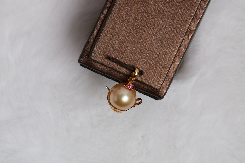 Golden South Sea Pearl & Ruby Teapot Pendant
