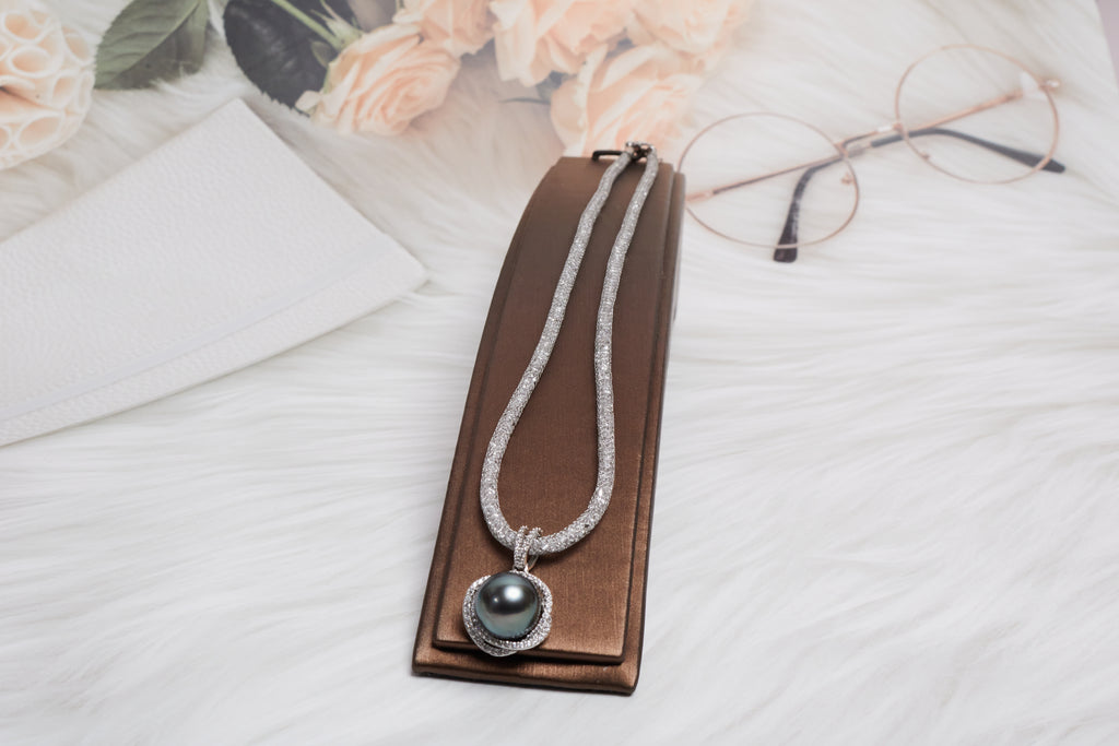 Tahitian Pearl FLOWER PENDANT & Round Created Diamond 925 Solid Sterling Silver Chain