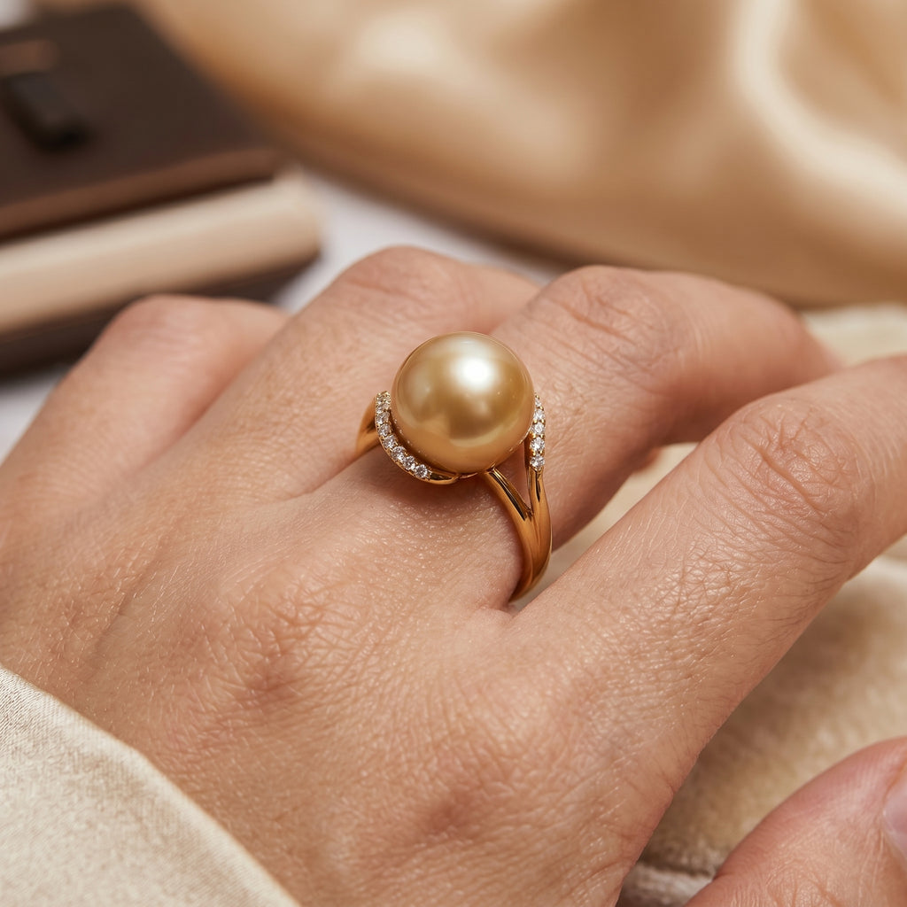 Golden South Sea Pearl & Diamond Bypass Ring in 18K Yellow Gold