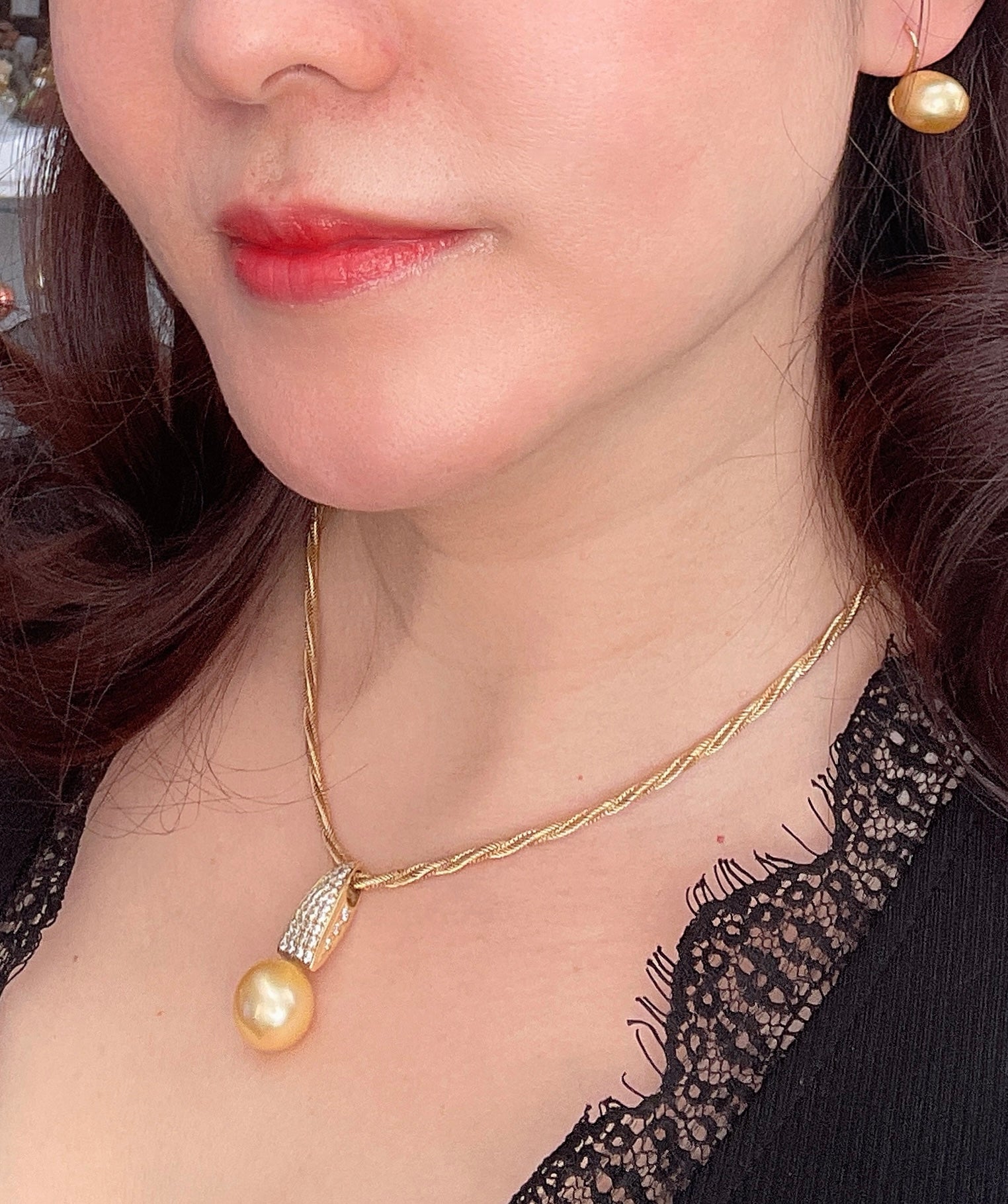 Golden South Sea Pearl & Diamond Necklace in 18K Yellow Gold