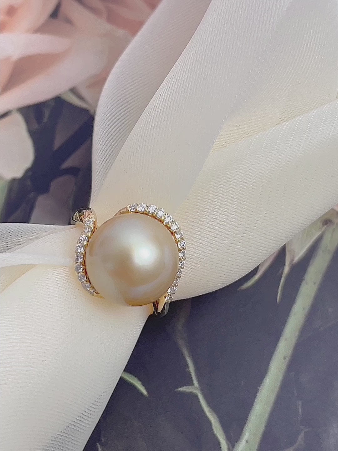 Golden South Sea Pearl & Diamond Bypass Ring in 18K Yellow Gold